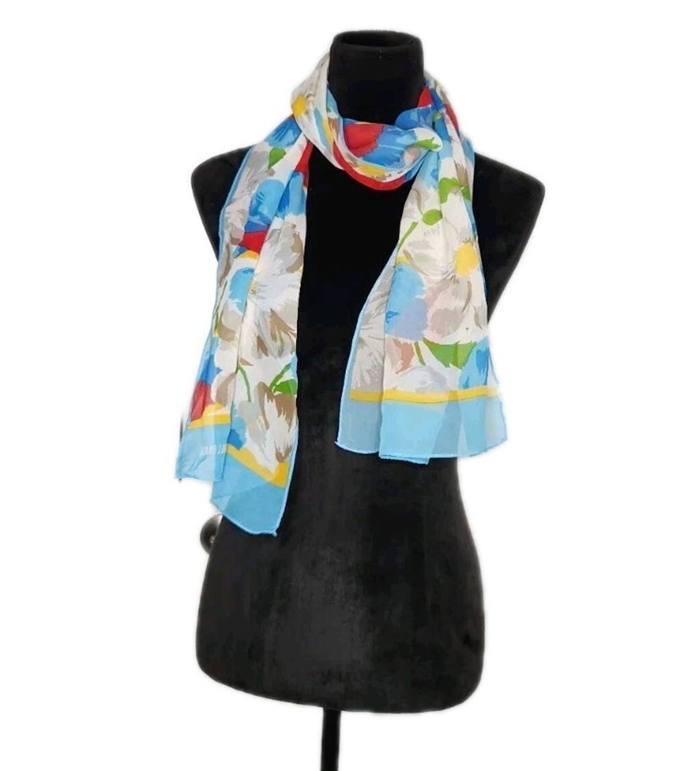 Vintage 80's Bill Blass Silk Rectangle Scarf Floral Daisies 60" X 15" Roll Hem